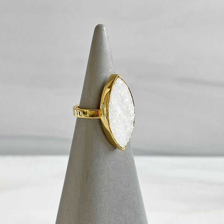 White Druzy Marquise Statement Ring in Gold