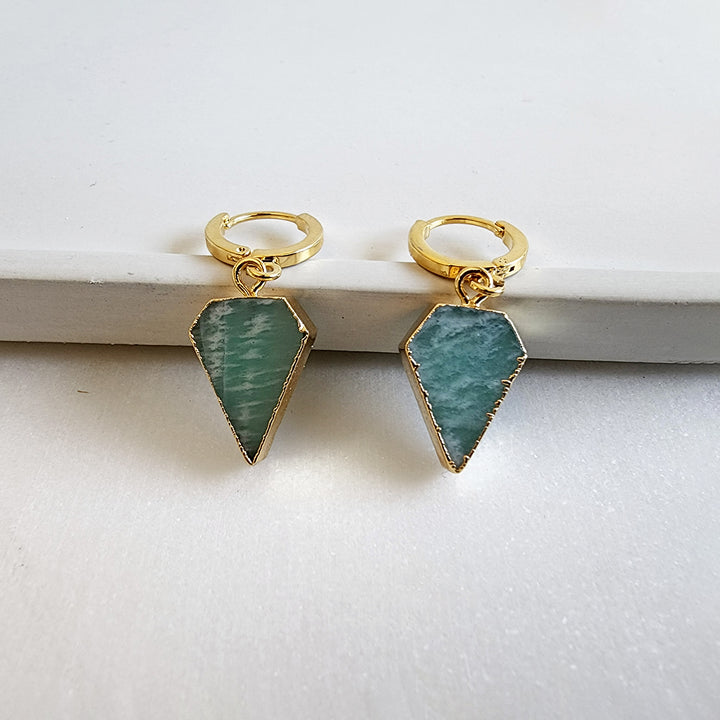 Dainty Amazonite Diamond Shield Dangle Earrings in Gold & Silver. Gemstone Drop Hoop Earrings. Simple Amazonite Earrings