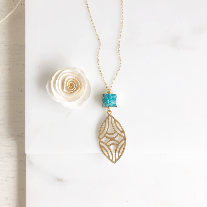 Long Aqua Blue Druzy and Marquise Gold Pendant Necklace.