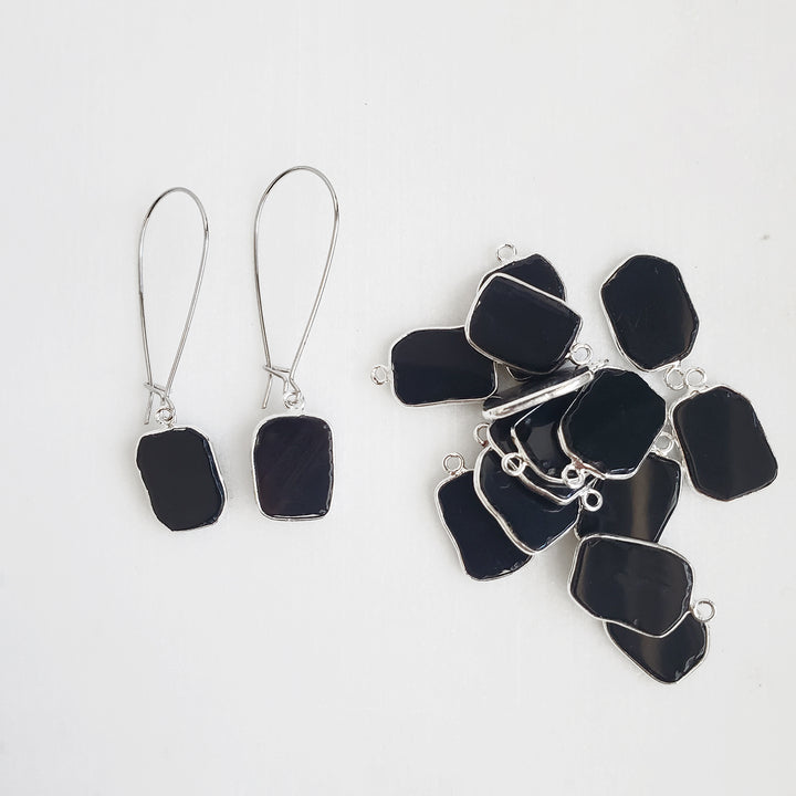 Freeform Black Onyx Gemstone Slice Drop Earrings in Silver