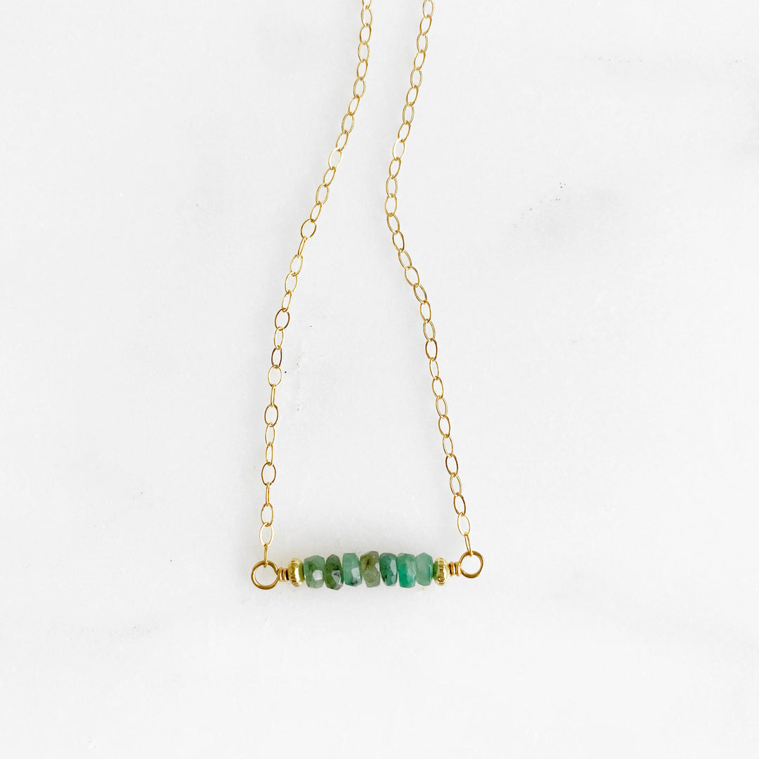 Emerald Beaded Bar Necklace in 14k Gold Filled or Sterling Silver. Simple Bar Necklace
