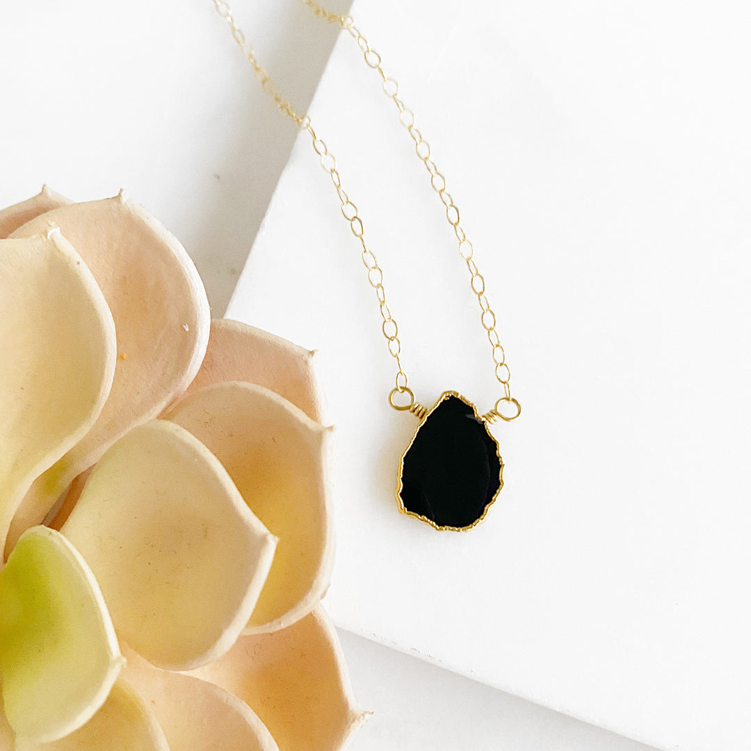 Black Onyx Gemstone Slice Necklace in Gold.