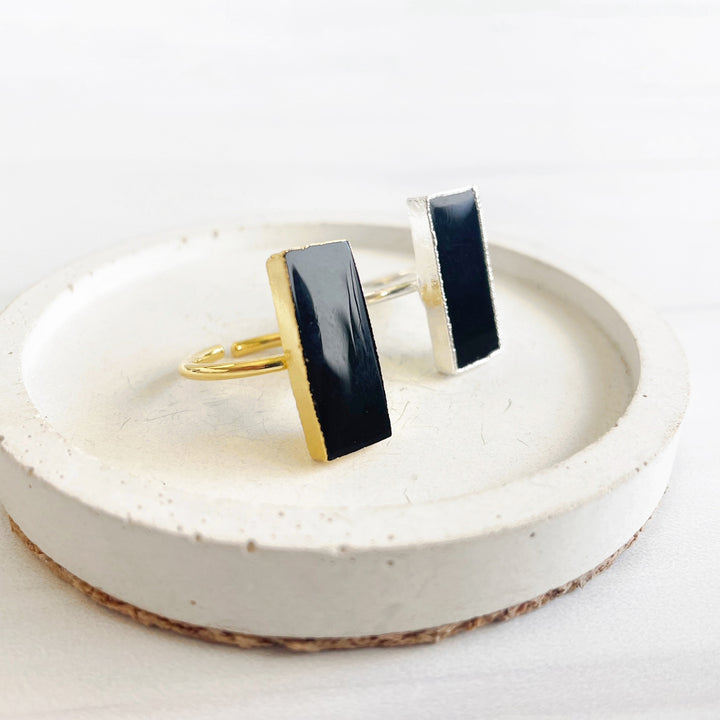Black Onyx Rectangle Bar Statement Ring in Gold and Silver
