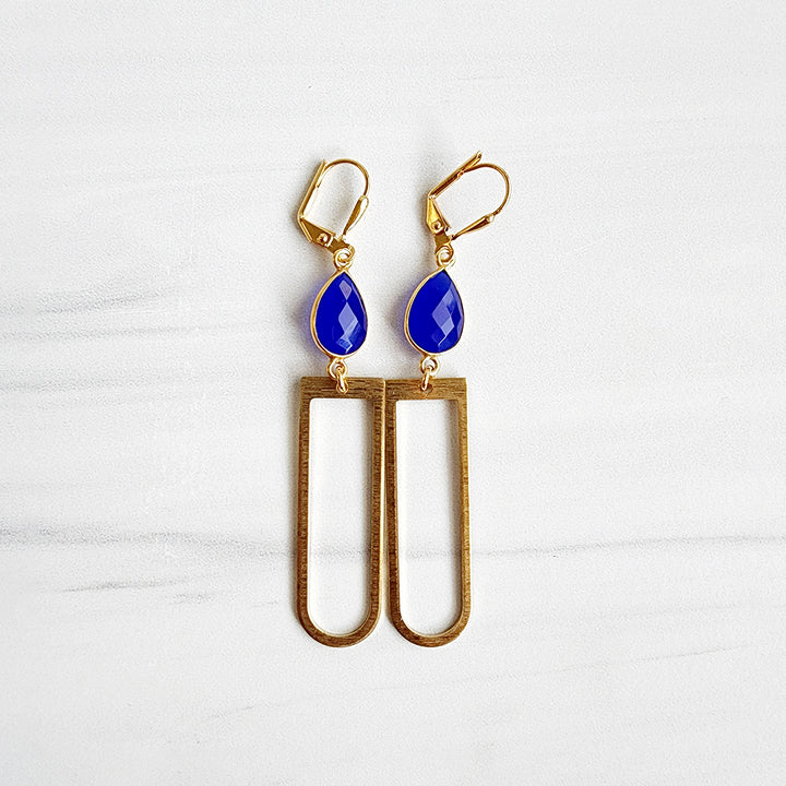 Royal Blue Statement Earrings in Brushed Brass Gold