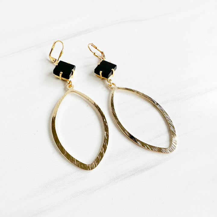 Black Onyx Prong and Marquise Statement Earrings in Brushed Brass Gold