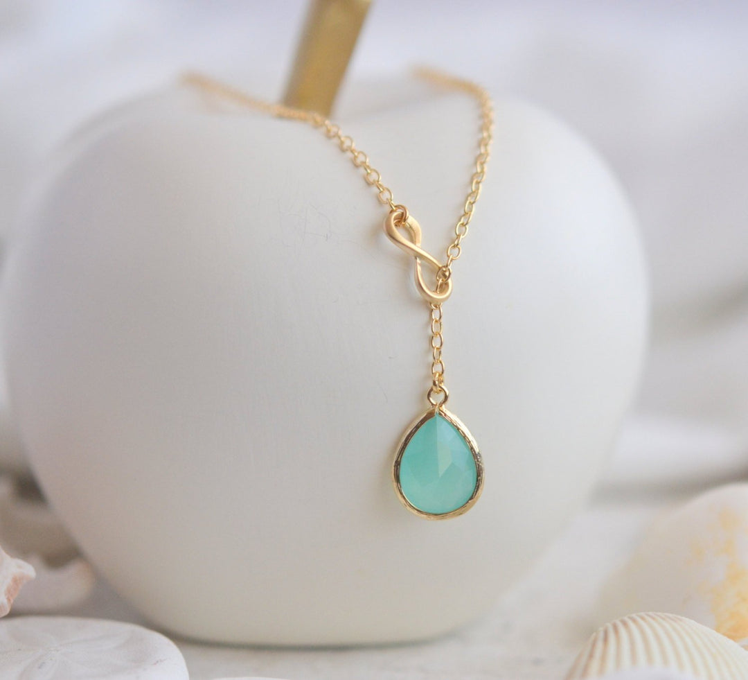 Aqua Teardrop and Gold Infinity Lariat Necklace. Lariat Necklace. Mint Necklace. Gift. Bridesmaid Jewelry