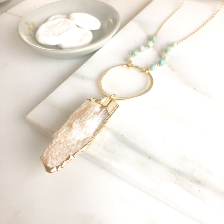 Long Boho Selenite Amazonite Necklace in Gold