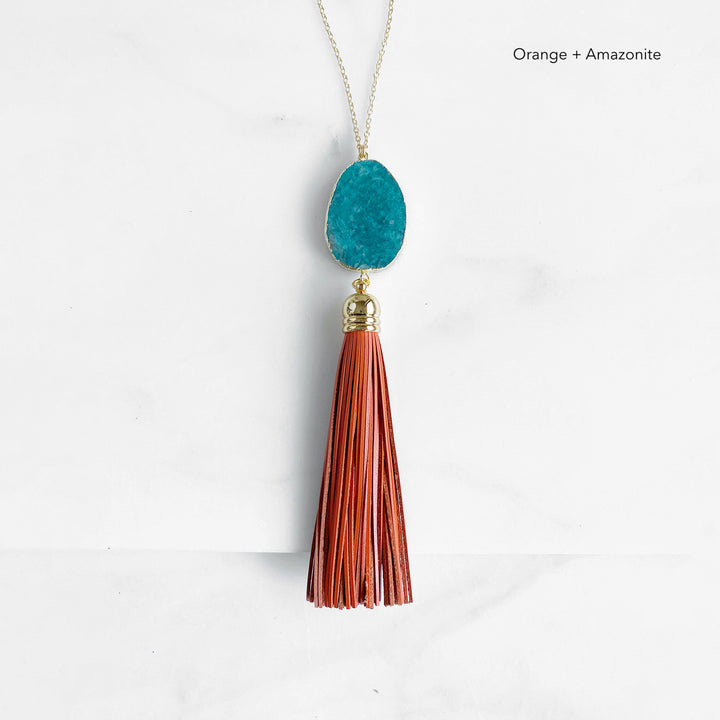 Boho Leather Tassel and Crystal Necklace in Gold