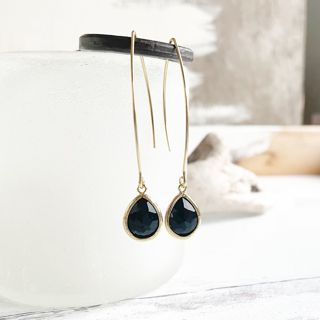 Simple Black Glass Stone Drop Earrings in Gold