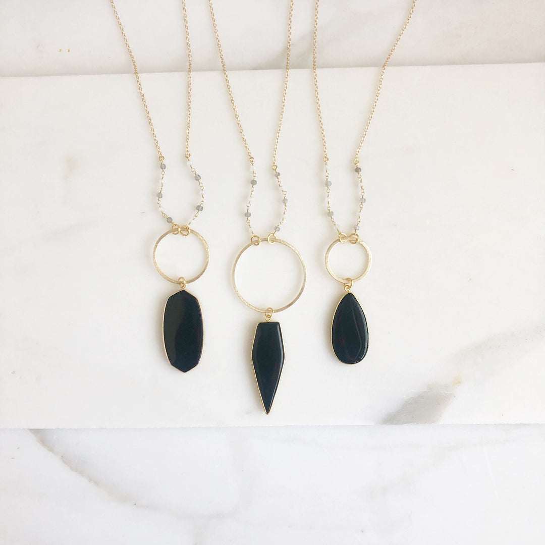 Long Black Stone Statement Necklace in Gold