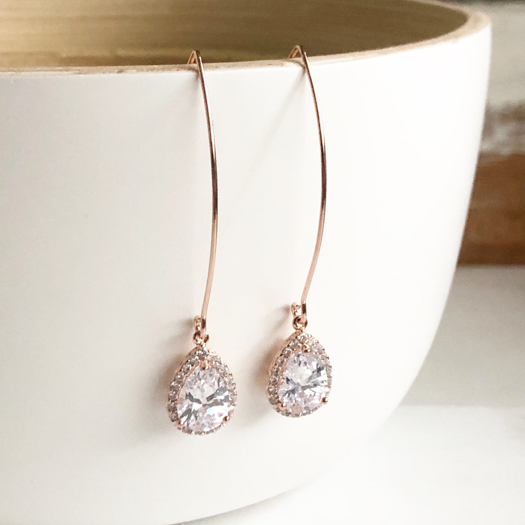 Rose Gold and Cubic Zirconia Stone Drop Earrings. Bridesmaid Gift. Rose Gold Drop Earrings.