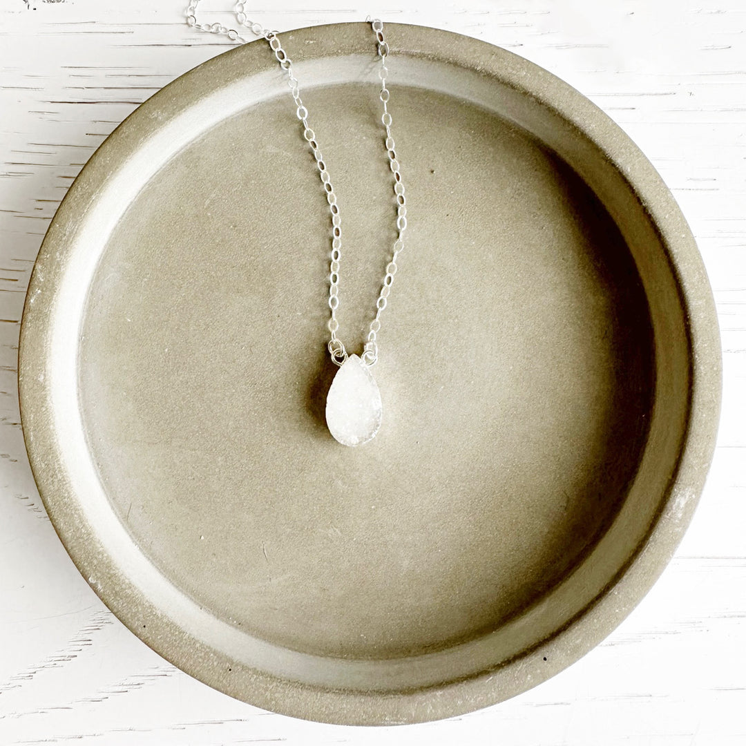 Small White Druzy Teardrop Necklace in Gold Filled or Sterling