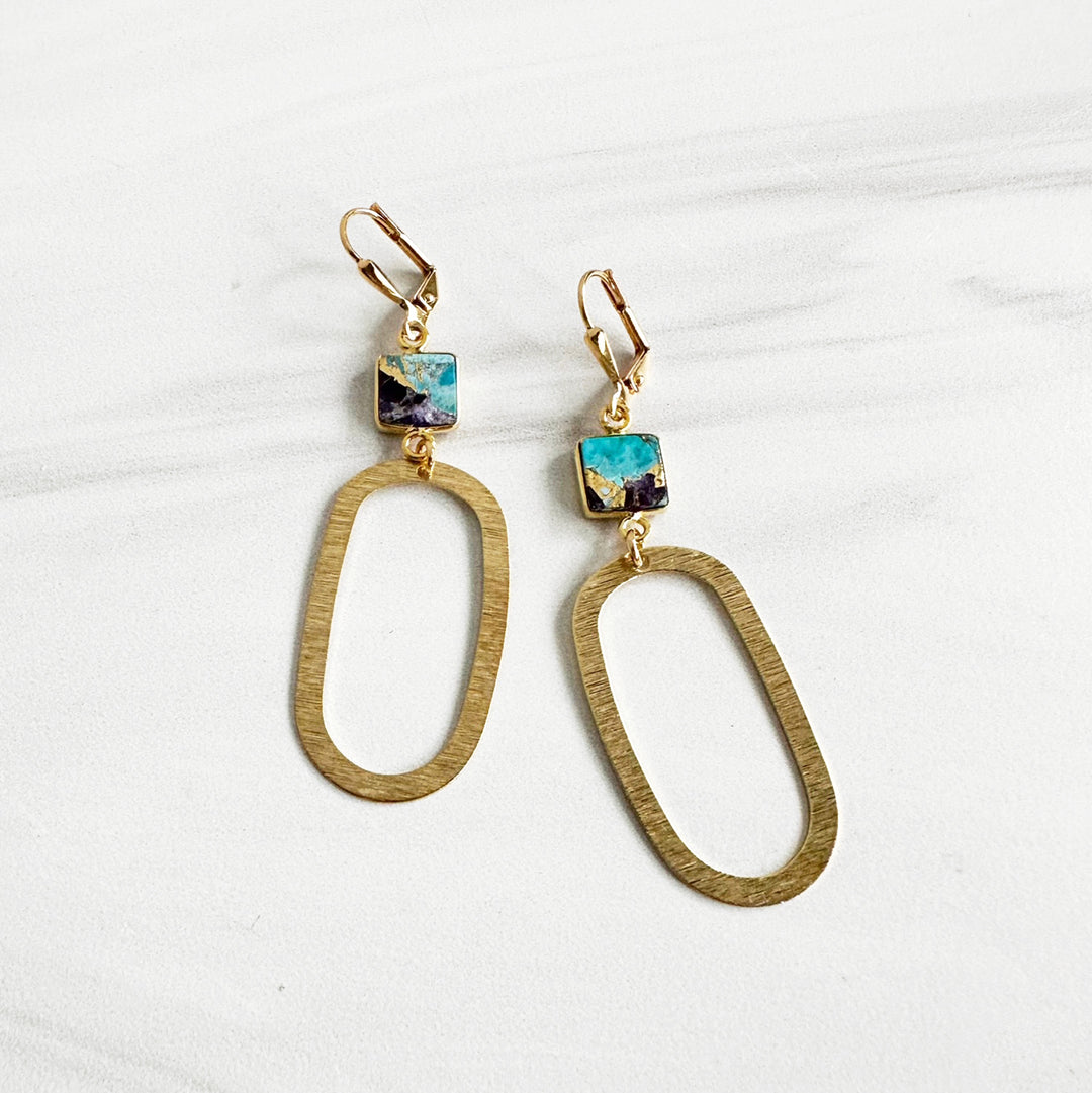 Purple Turquoise Open Oval Statement Earrings in Brushed Brass Gold
