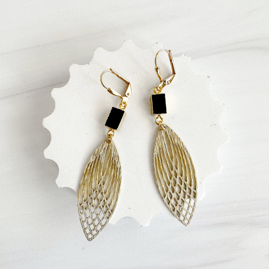 Black Onyx and Patterned Marquis Statement Earrings in Brushed Brass Gold