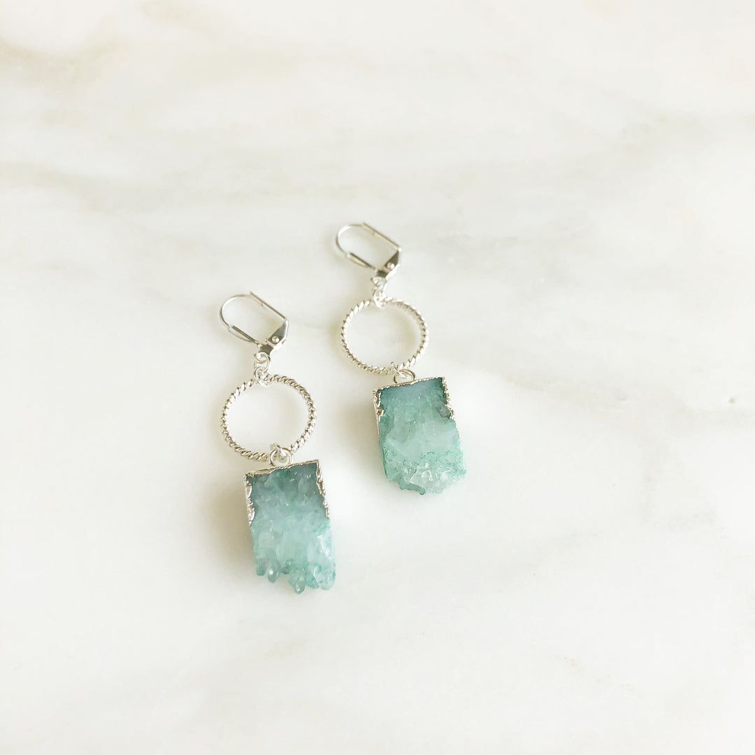 Silver Twisted Hoop Earrings Stone Pendants. Amazonite, Labradorite, Blue Quartz. Dangle Earrings.