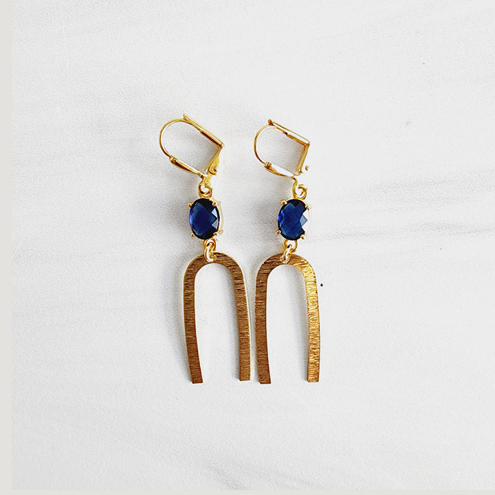 Gold Horseshoe Earrings with Sapphire Blue Stones