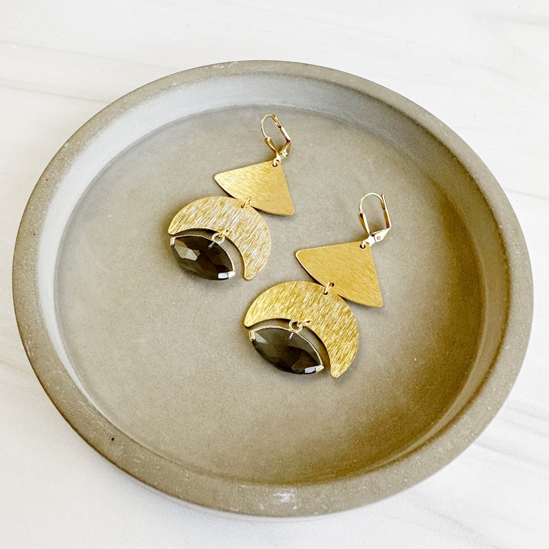 Unique Statement Earrings with Smoky Quartz Stones in Brushed Brass Gold