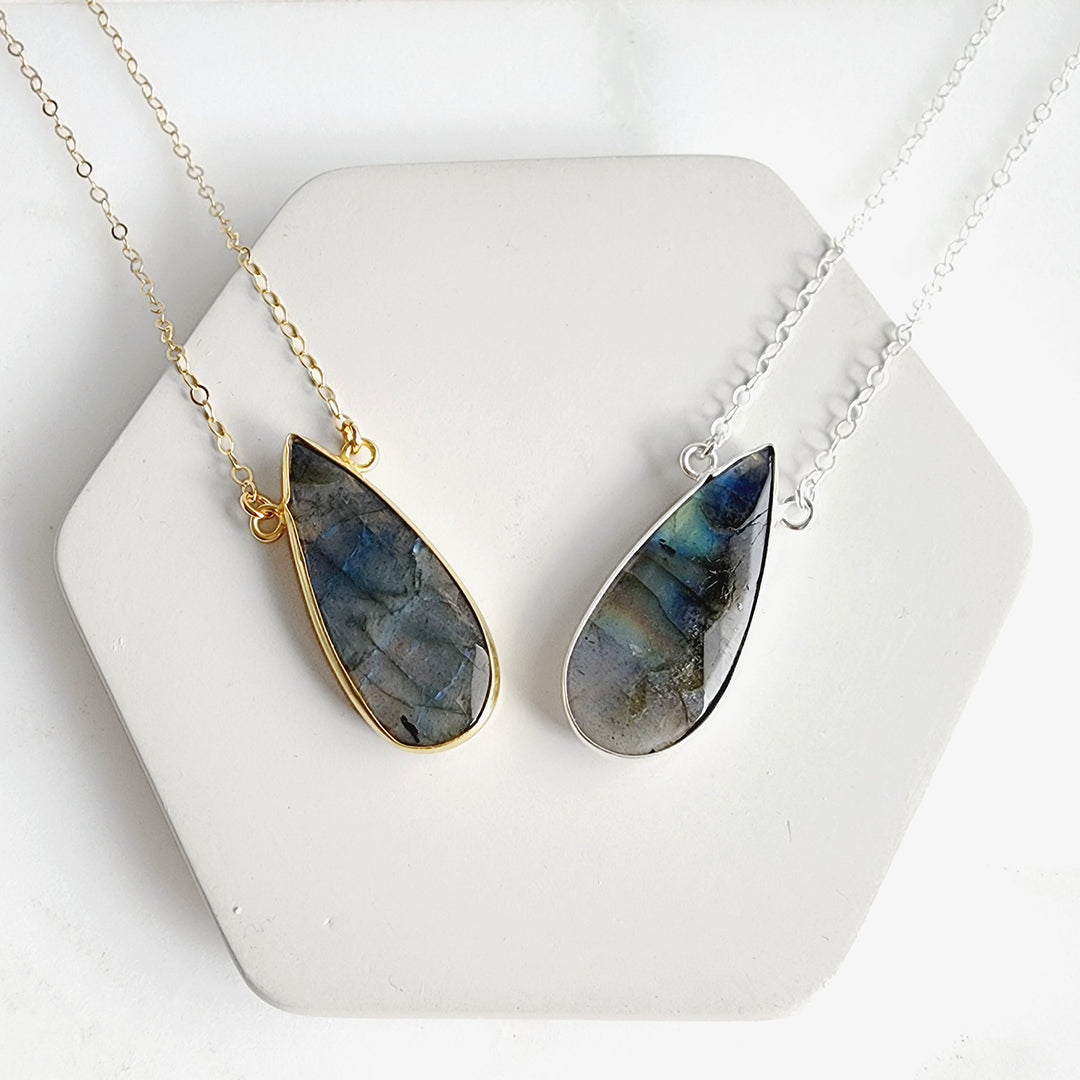 Long Labradorite Teardrop Bezel Stone Statement Necklace in Gold and Silver