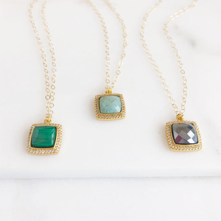 Cubic Zirconia and Dyed Stone Necklace. Square Stone Dainty Necklaces