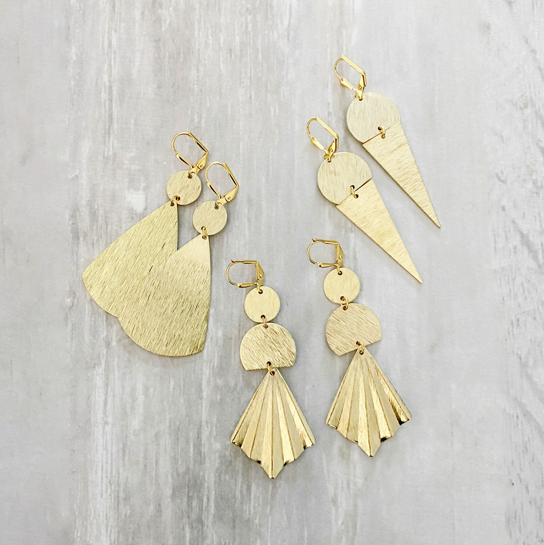 Geometric Brushed Gold Earrings. Unique Shape Dangle Earrings. Pleated Fan Cone Triangle