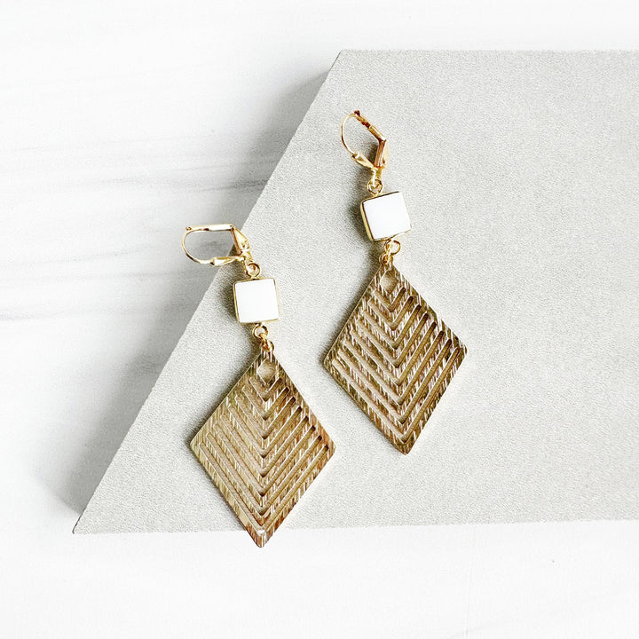 Patterned Diamond and White Agate Statement Earrings in Brushed Brass Gold