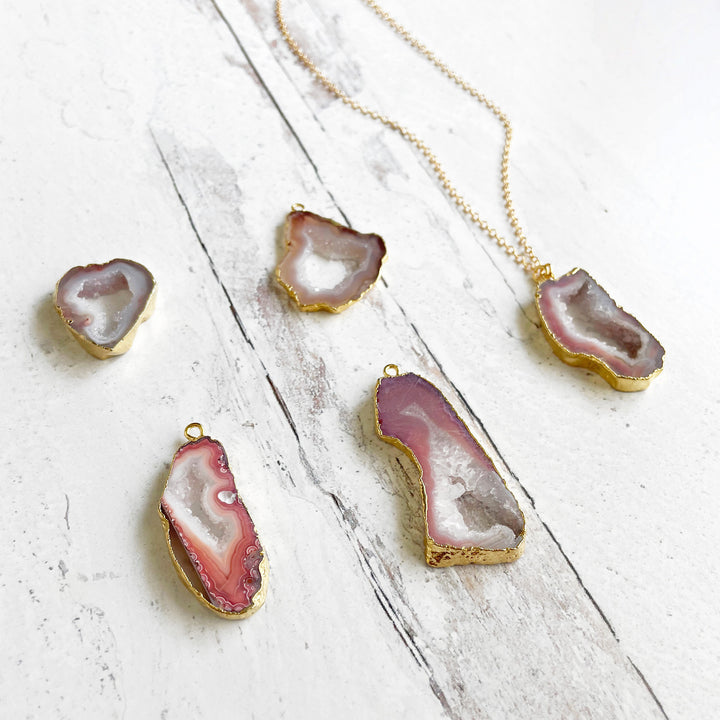 Raw Stone Pendant Necklace in Gold. Open Druzy Crystal Quartz Necklace. Pink Hue Stone Necklace