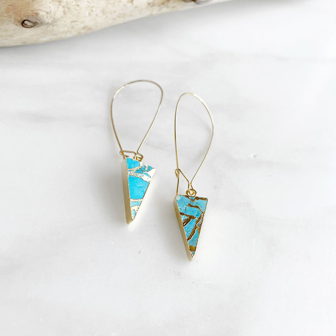 Turquoise Triangle Mojave Drop Dangle Earrings in Gold. Geometric Brass Gemstone Triangle Drops. Gold Dangle Earrings