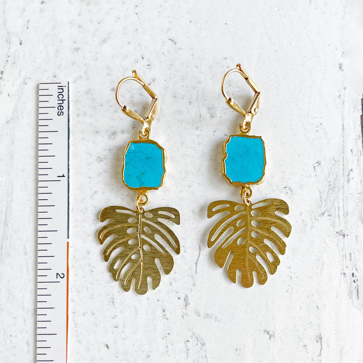 Big Monstera Leaf Statement Earrings in Gold with Turquoise Howlite