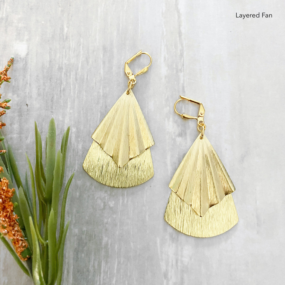 Geometric Brushed Gold Earrings. Unique Shape Dangle Earrings. Pleated Fan Cone Triangle