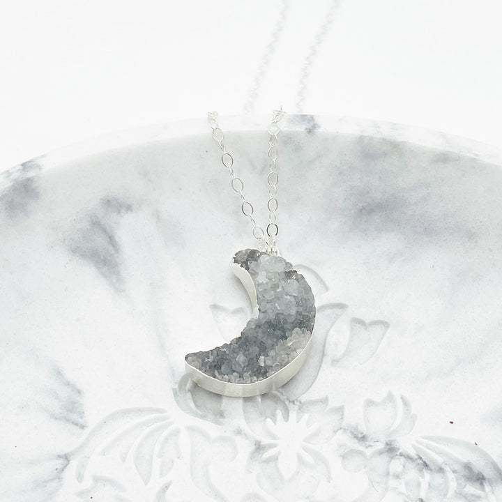 Grey Druzy Moon Necklace in Sterling Silver