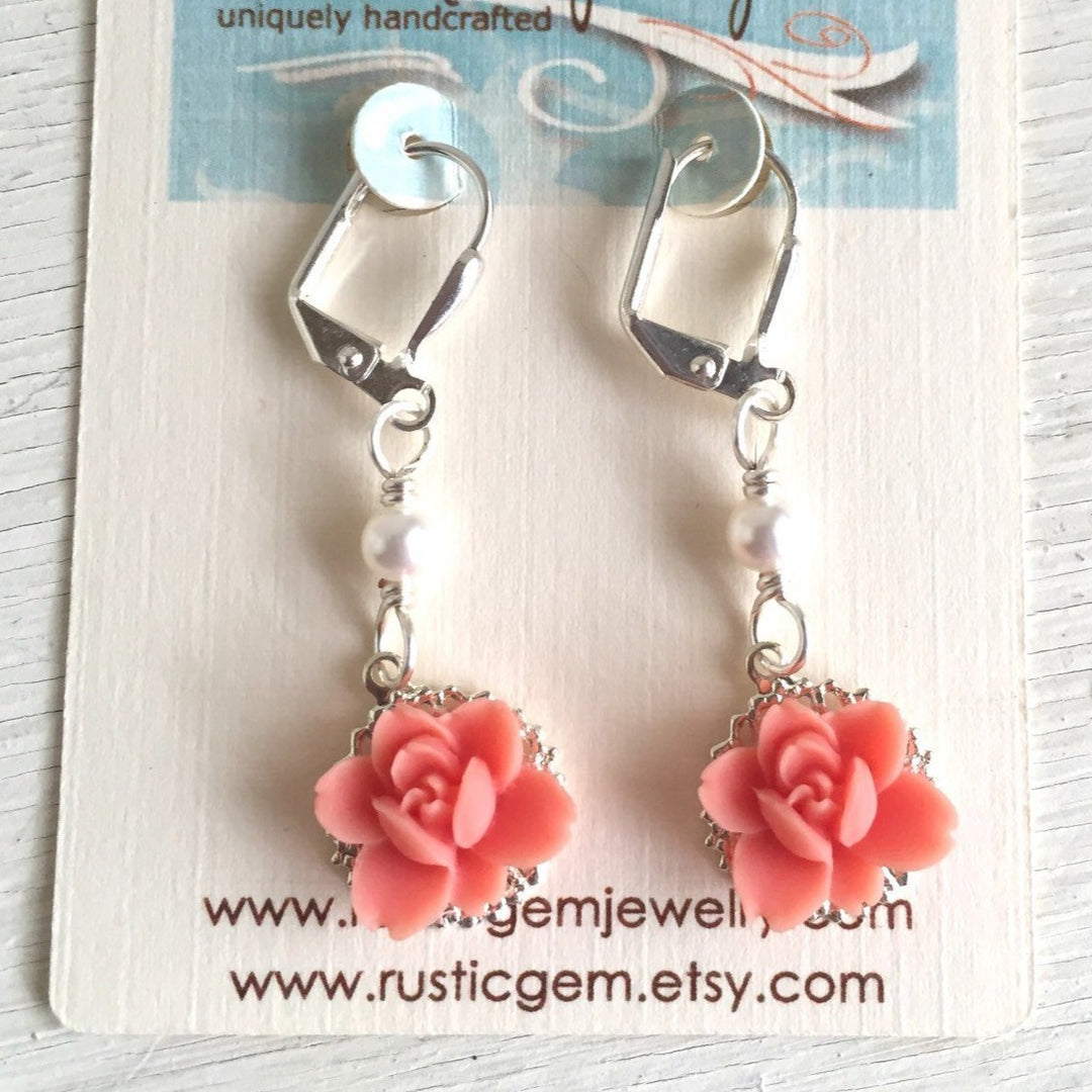 Sweet Coral Lotus Flower Bridesmaid Earrings and Small White Swarovski Pearl Dangle Earrings Jewelry Gift for Her
