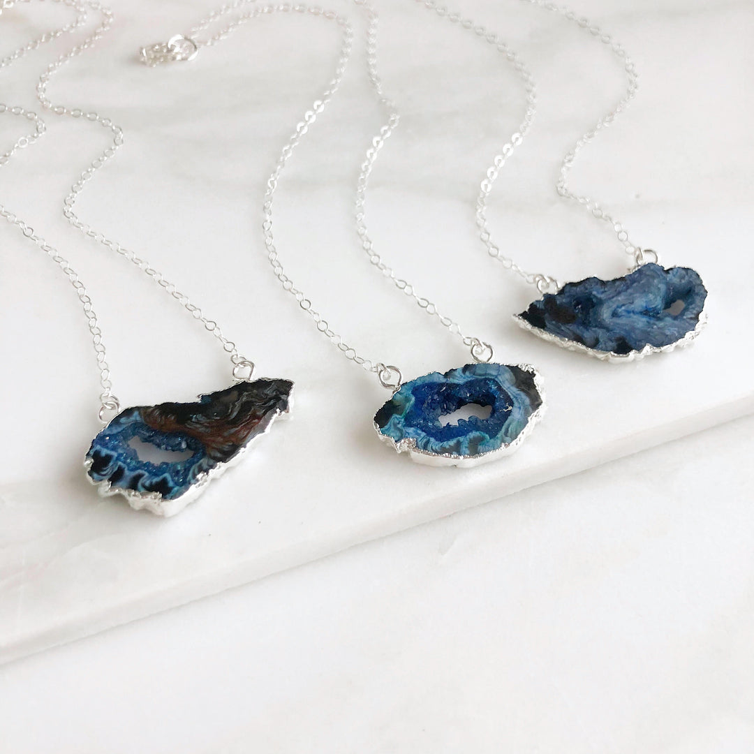Blue Geode Slice Necklace in Sterling Silver