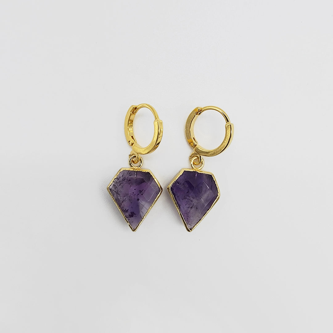 Dainty Amethyst Diamond Shield Hoop Earrings in Gold