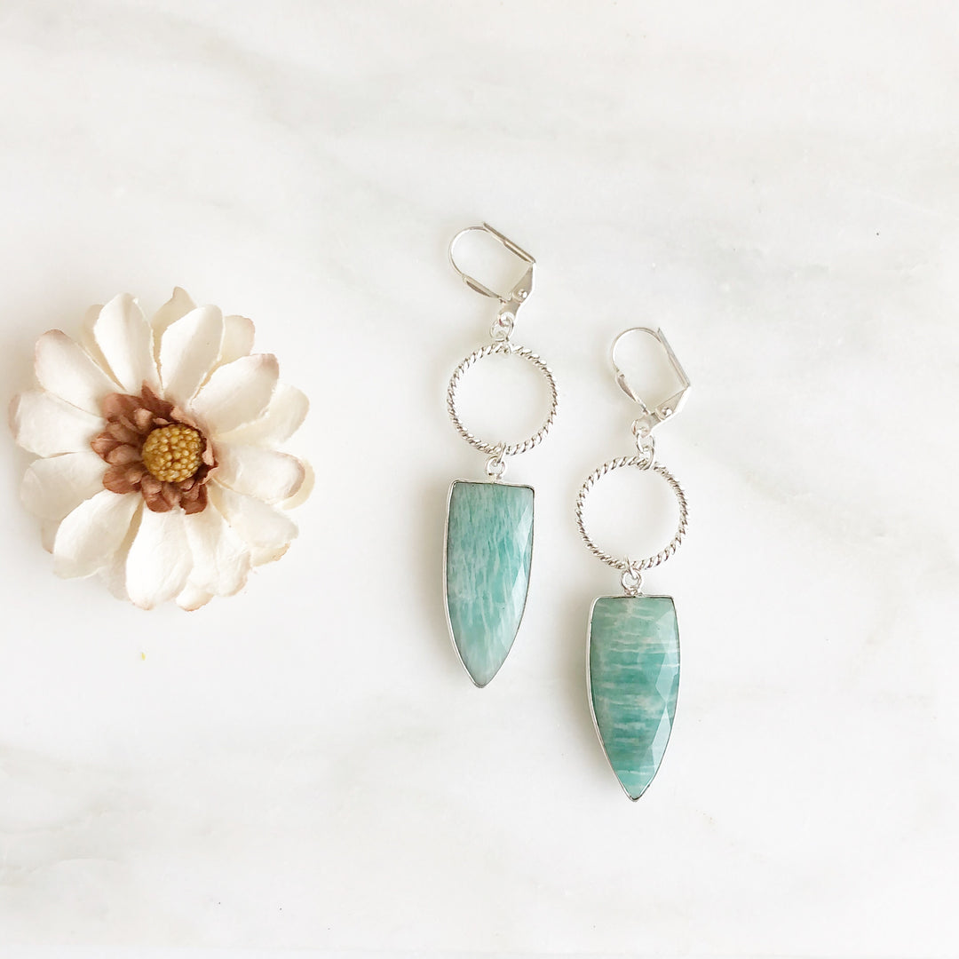 Silver Twisted Hoop Earrings Stone Pendants. Amazonite, Labradorite, Blue Quartz. Dangle Earrings.