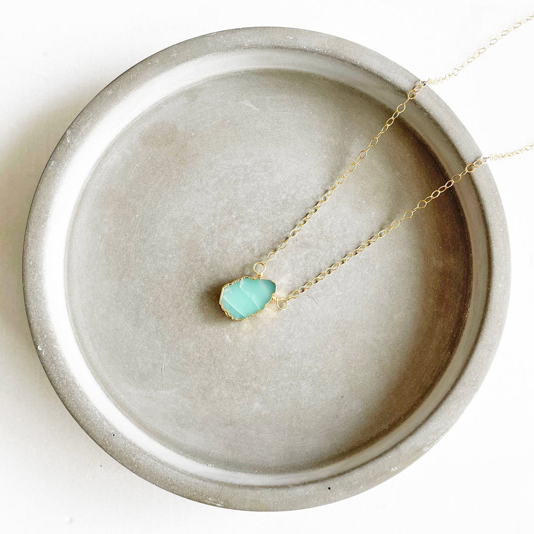 Scalloped Aqua Chrysoprase Gemstone Slice Necklace in Gold and Silver