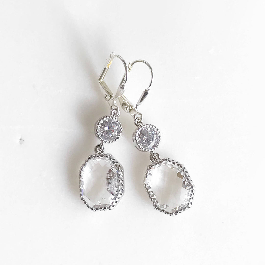 Silver Bridal Earrings with Clear Stones. Drop Dangle Modern Earrings