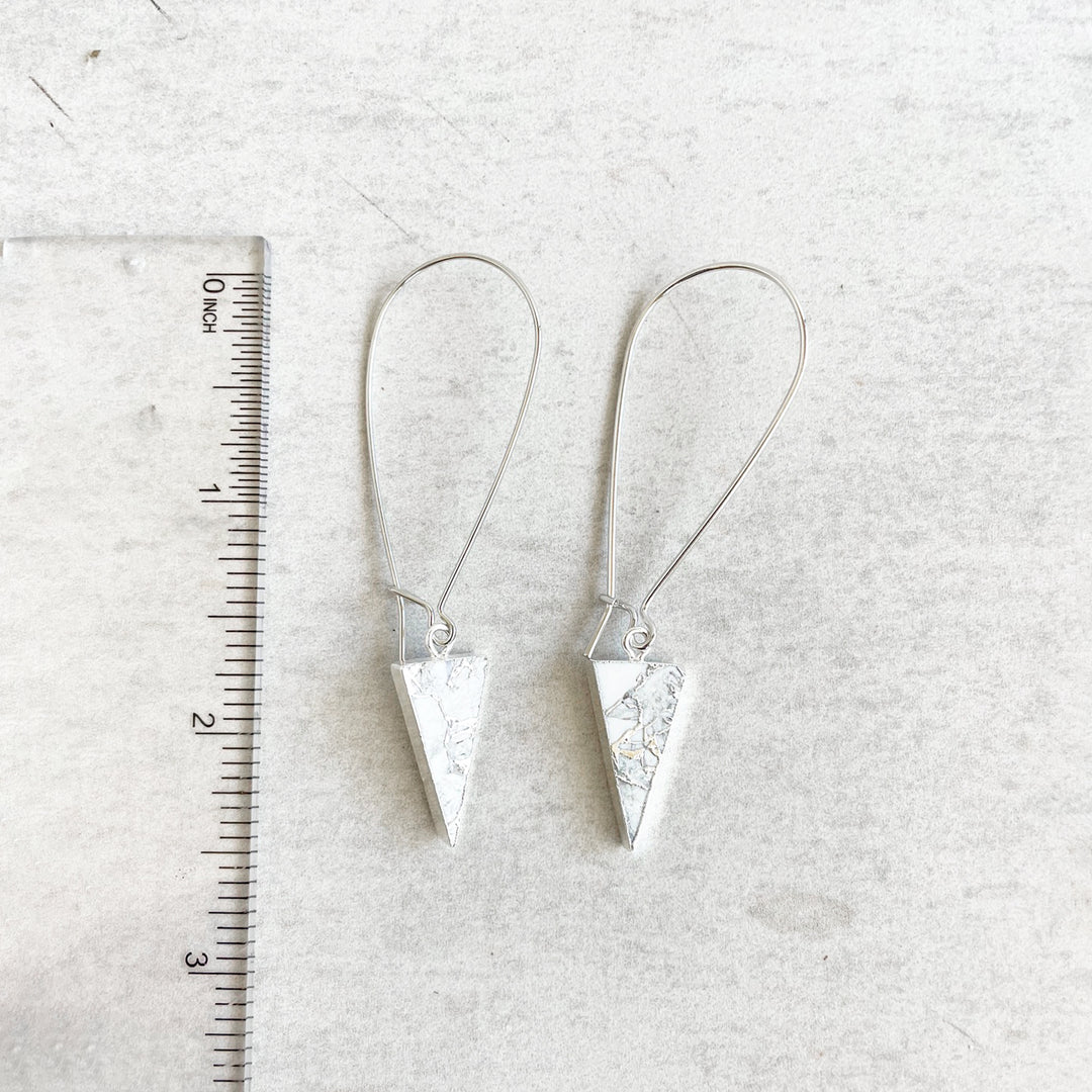 White Triangle Mojave Drop Earrings in Silver. Simple White Dangle Earrings. Silver Mojave Triangle Earrings