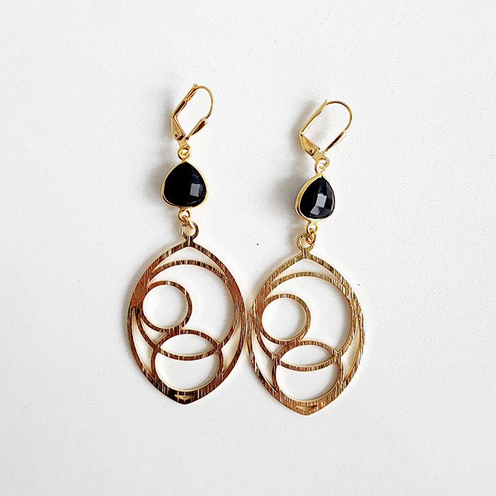 Black Onyx Marquise Circle Shaped Earrings in Brushed Brass Gold