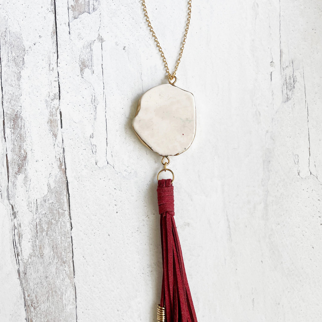Long Boho Tassel Necklace in Gold with White Turquoise Stones