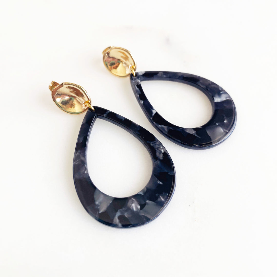 Large Black Acrylic Teardrop Statement Post Earrings in Gold
