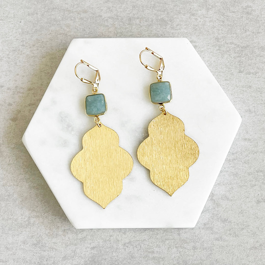 Aquamarine Fashion Dangle Earrings in Brushed Brass