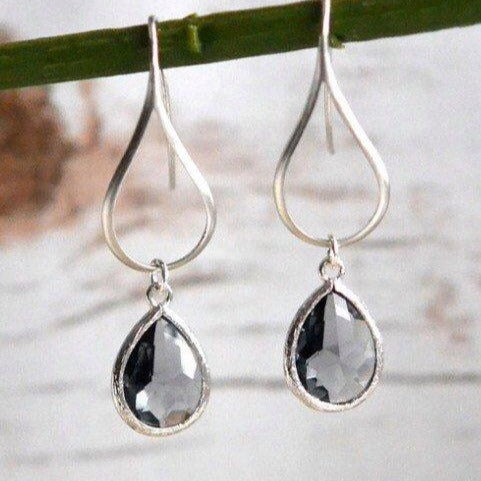 Charcoal Glass Drop Earrings in Silver