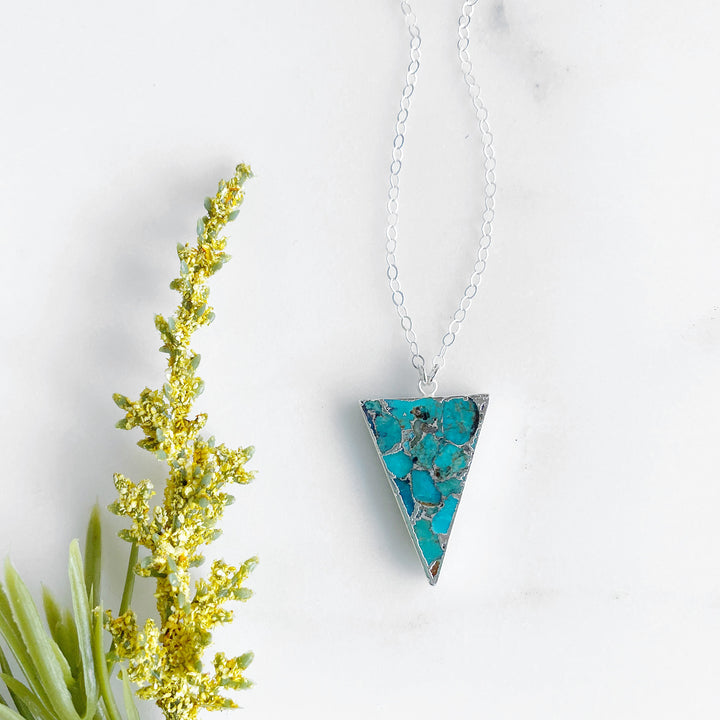Turquoise Triangle Pendant Necklace in Sterling Silver. Unique Turquoise Necklace