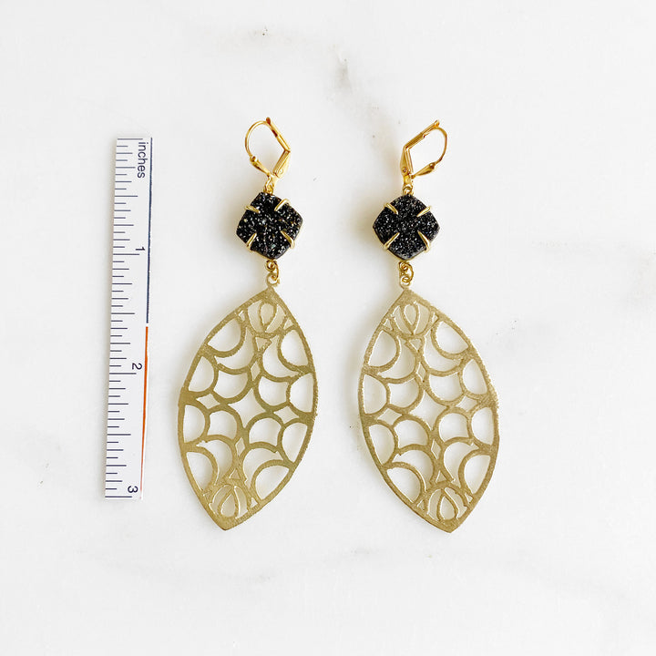 Black Druzy and Gold Statement Earrings. Gold Dangle Fashion Earrings