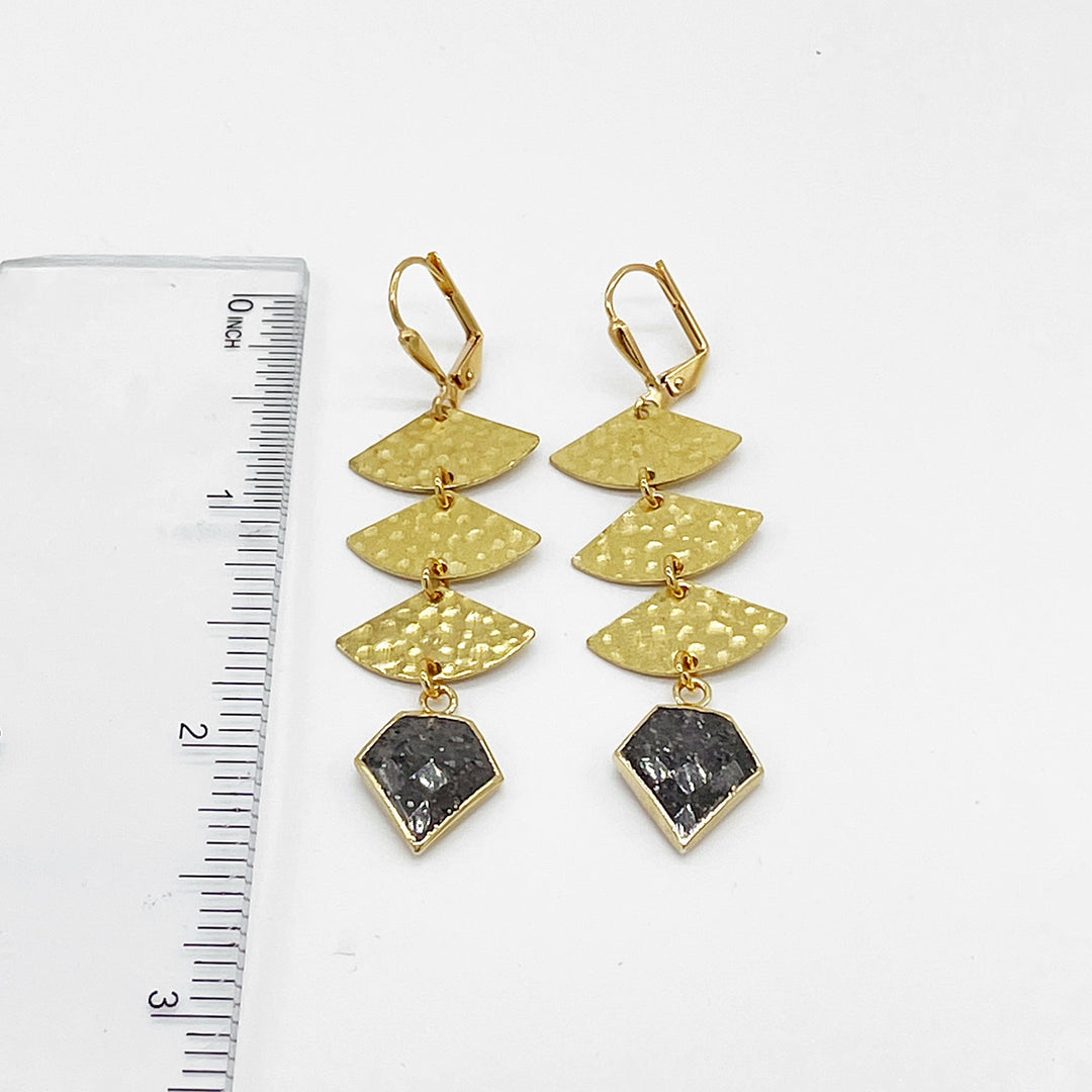 Black Shield Stone Fan Dangle Earrings in Hammered Brass Gold