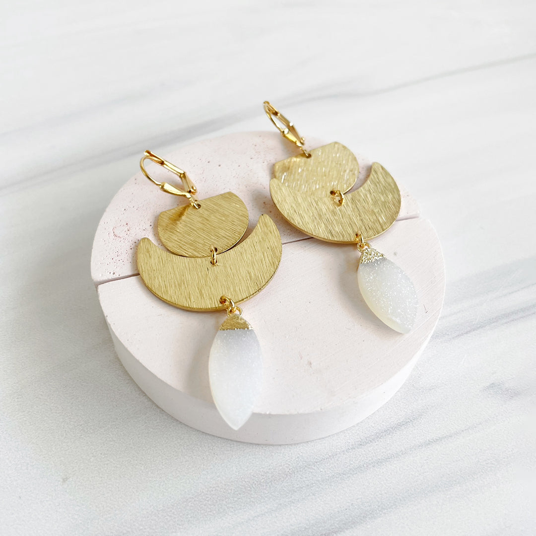 White Druzy Crescents Statement Earrings in Brushed Brass Gold
