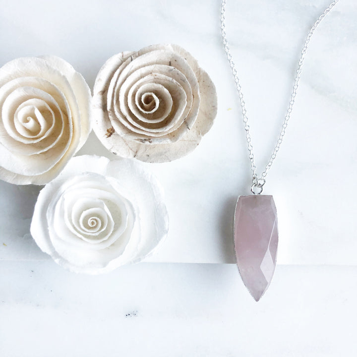Rose Quartz Shield Necklace in Sterling Silver