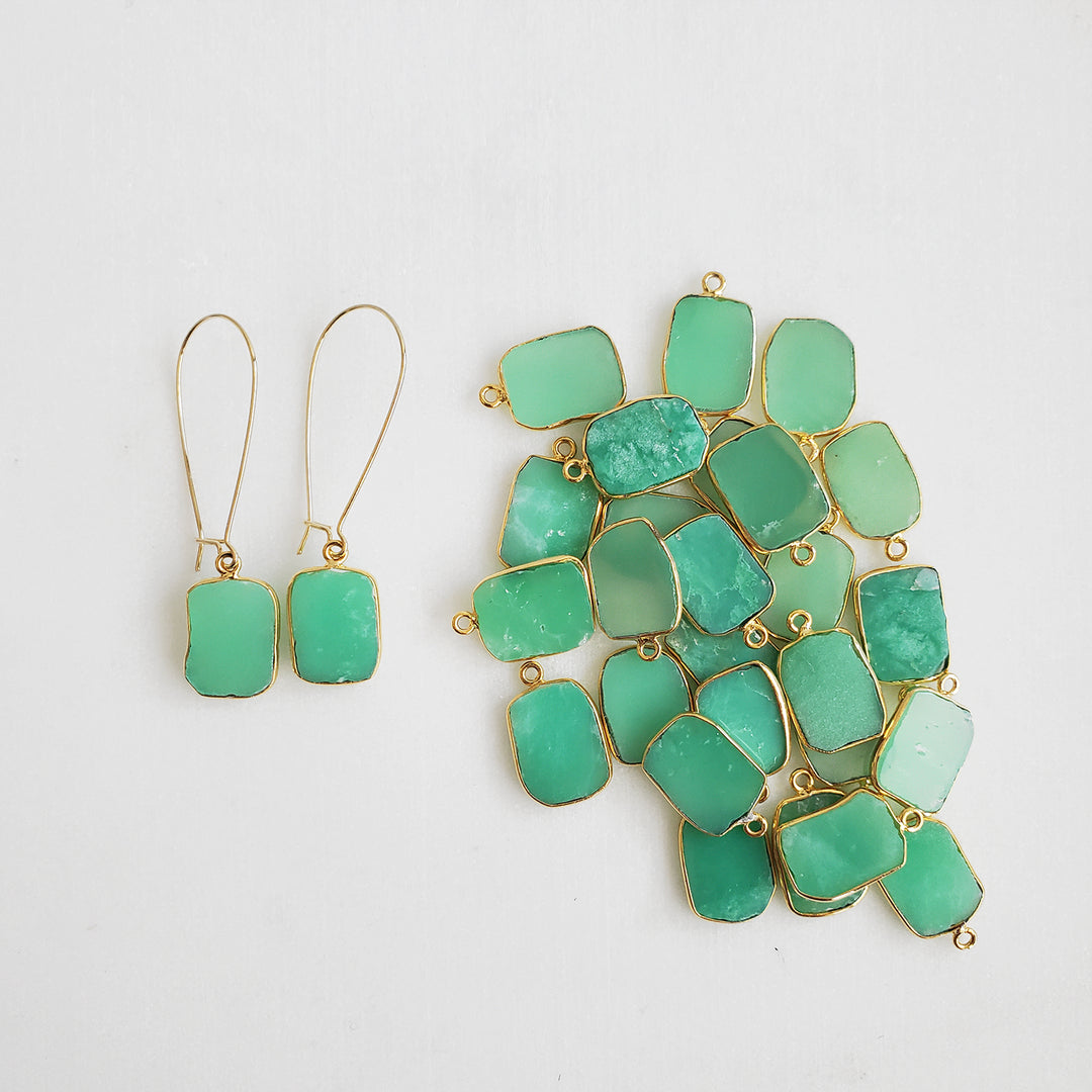 Freeform Chrysoprase Gemstone Slice Drop Earrings in Gold