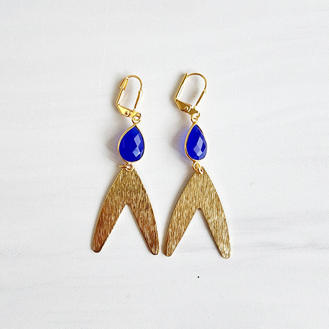 Royal Blue Statement Earrings in Brushed Brass Gold