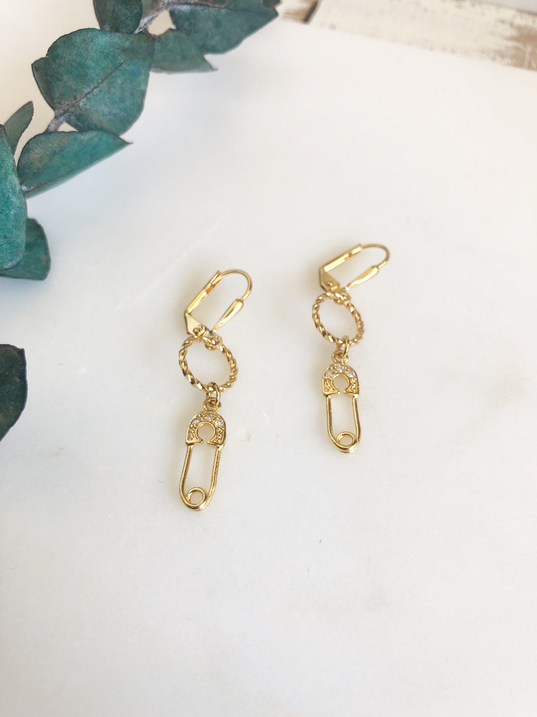 Gold Cubic Zirconia Safety Pin Earrings. Small Gold Dangle Earrings